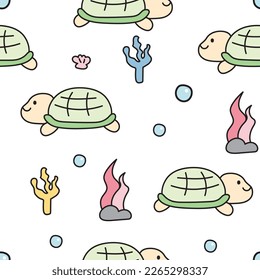 Seamless pattern of cute turtle with coral on white background.Sea and ocean concept.Animal character cartoon design.Baby clothing.Kawaii.Vector.Illustration.