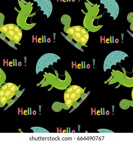 Seamless pattern with cute turtle and crocodile. vector print