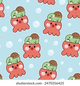 Seamless pattern of cute turtle lay on octopus ocean background.Summer.Underwater.Reptile animal character cartoon design.Image for card,sticker,baby clothing.Kawaii.Vector.Illustration.