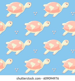 Seamless pattern with cute turtle on green background