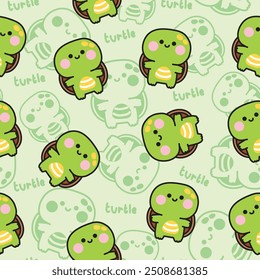 Seamless pattern of cute turtle stand on line drawing background.Underwater life.Reptile animal character cartoon design.Kawaii.Vector.Illustration.