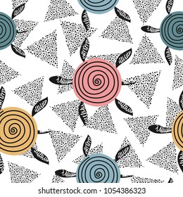 Seamless pattern with cute turtles. Childish vector background with cartoon characters.