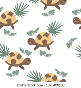 Seamless pattern with cute turtles. Decorative wallpaper for the nursery in vector, suitable for children's clothing, interior design, packaging, printing.