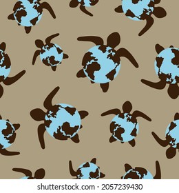 Seamless pattern with cute turtles with earth shells. Vector abstract background.
