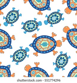 Seamless Pattern with Cute Turtles Hand Drawn in Primitive Style. Ethnic Tropical Ornament for Textile, Fabric, Wallpaper, Bandanna, Pareo