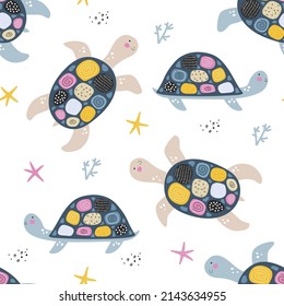 Seamless pattern with cute turtles. Kids print. Vector hand drawn illustration.