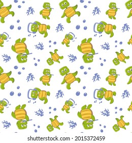 Seamless pattern with cute turtles on a white background. Vector endless texture for childish design in cartoon hand drawn style