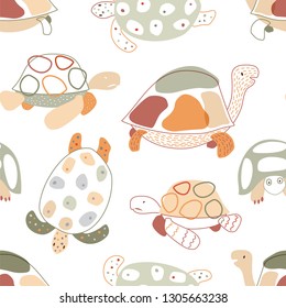 Seamless pattern with cute turtles. Pastel colors. Vector background for fabric, textile, apparel, wallpaper, wrapping.