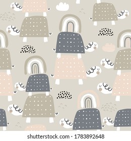 Seamless pattern with cute turtles and rainbows. Creative texture in scandinavian style. Great for fabric, textile Vector Illustration