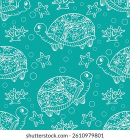  Seamless pattern with cute turtles and starfishes. Vector illustration.