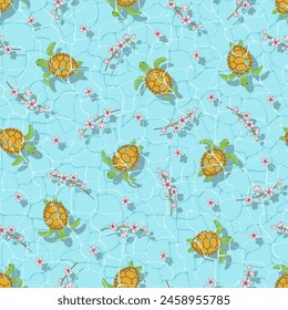 Seamless pattern of cute turtles swimming underwater in clear blue water among pink sakura flowers, top view. Summer or spring nature flat vector illustration. Cartoon turtle and cherry blossom art.