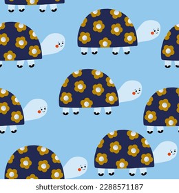 Seamless pattern with cute turtles. Underwater life print. Vector hand drawn illustration.