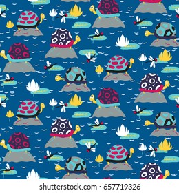 Seamless pattern with cute turtles. Vector illustration