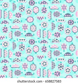 Seamless pattern with cute turtles. Vector illustration