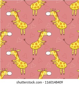Seamless pattern cute two legs standing giraffe in pink background
