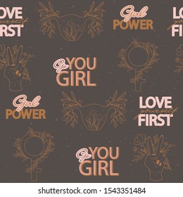 Seamless pattern with Cute typography quotes with girl power phrases and floral and leaf elements. Editable vector illustration