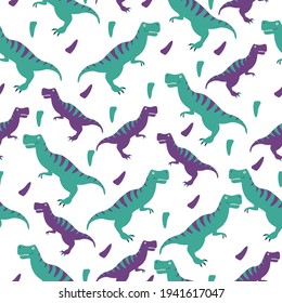 Seamless pattern with cute tyrannosaurs. A pattern with dinosaurs in turquoise and purple on a white background.