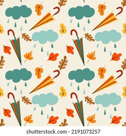 Seamless pattern with cute umbrellas and clouds. Autumn print for paper, fabric and more. Cute vector illustration, weather, rain.