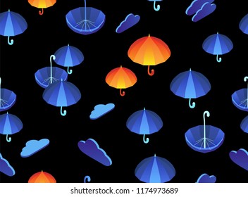 seamless pattern of cute umbrellas on a black background. Blue umbrellas and blue clouds. isometric 3d