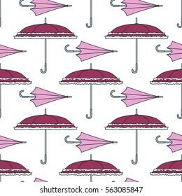 Seamless pattern with cute umbrellas. Vector illustration. Girly fashion background. Graphic cartoon retro texture. Vintage weather silhouette. Parasol backdrop