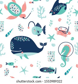 Seamless pattern with cute undersea inhabitants in masks. Creative childish background. Perfect for kids apparel, fabric, textile, nursery decoration,wrapping paper.Vector Illustration