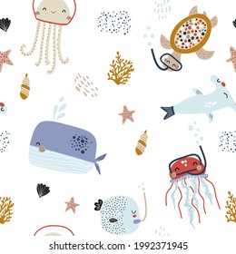 Seamless pattern with cute undersea inhabitants in masks. Creative childish background. Perfect for kids apparel,fabric, textile, nursery decoration,wrapping paper.Vector Illustration