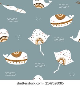 Seamless pattern with cute undersea inhabitants in boho style. Creative childish background. Perfect for kids apparel,fabric, textile, nursery decoration,wrapping paper.Vector Illustration