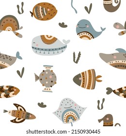 Seamless pattern with cute undersea inhabitants in boho style. Creative childish background. Perfect for kids apparel,fabric, textile, nursery decoration,wrapping paper.Vector Illustration