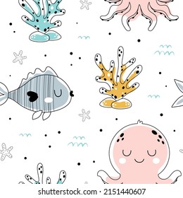 seamless pattern with cute undersea inhabitants in cartoon style, creative childish background with octopus and fish, perfect for kids apparel, fabric, textile, wrapping paper, vector Illustration