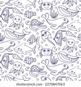 Patrón sin foco con lindos habitantes submarinos. Fondo infantil creativo. Perfecto para prendas de vestir, tela, textil, decoración de vivero, papel envolvente.Ilustración vectorial