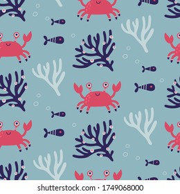 Seamless pattern with cute underwater animals: crab, jellyfish, octopus, corals and fishes. Childish illustration for fabric and decor. Funny cartoon character.