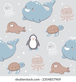Seamless pattern with cute underwater characters, vector hand drawn illustration