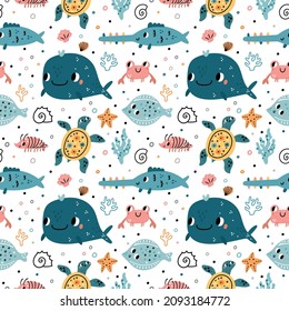 Seamless pattern cute underwater life. Funny cartoon ocean characters, marine world creations, aquatic animals, fishes and seaweed, whale and turtle on white background