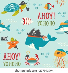 Seamless pattern with cute underwater pirates.