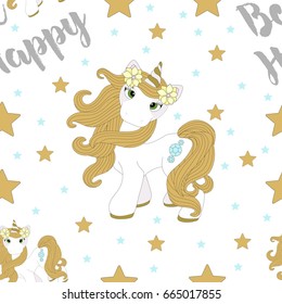 Seamless pattern with cute unicorn. Beautiful background. Vector illustration.