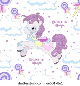 Seamless pattern with cute unicorn. Beautiful background. Vector illustration.