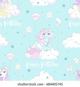 Seamless pattern with cute unicorn. Beautiful background with clouds. Vector illustration.