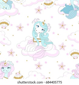 Seamless pattern with cute unicorn. Beautiful background with clouds. Vector illustration.