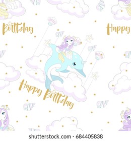 Seamless pattern with cute unicorn. Beautiful background with clouds. Vector illustration.