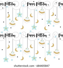Seamless pattern with cute unicorn. Beautiful background with clouds. Vector illustration.
