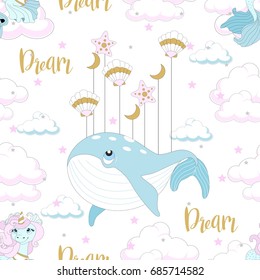 Seamless pattern with cute unicorn. Beautiful background with clouds. Vector illustration.