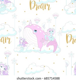 Seamless pattern with cute unicorn. Beautiful background with clouds. Vector illustration.