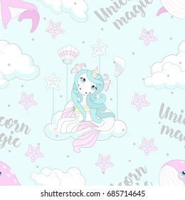 Seamless pattern with cute unicorn. Beautiful background with clouds. Vector illustration.