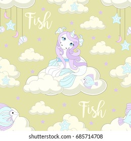 Seamless pattern with cute unicorn. Beautiful background with clouds. Vector illustration.