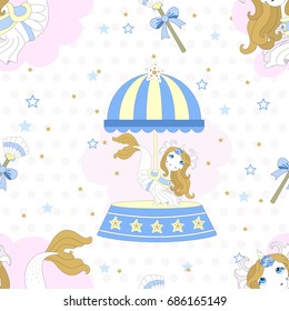 Seamless pattern with cute unicorn. Beautiful background with clouds. Vector illustration.