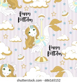 Seamless pattern with cute unicorn. Beautiful background with clouds. Vector illustration.