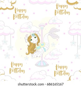 Seamless pattern with cute unicorn. Beautiful background with clouds. Vector illustration.