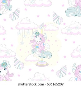 Seamless pattern with cute unicorn. Beautiful background with clouds. Vector illustration.