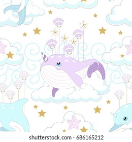 Seamless pattern with cute unicorn. Beautiful background with clouds. Vector illustration.