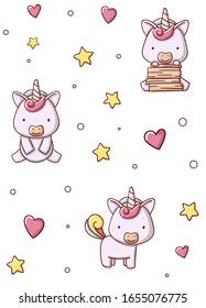 Patrón sin inconvenientes libros de unicornio lindos con estrellas y corazones caricatura kawaii mano plana dibujada en el diseño de fondo azul